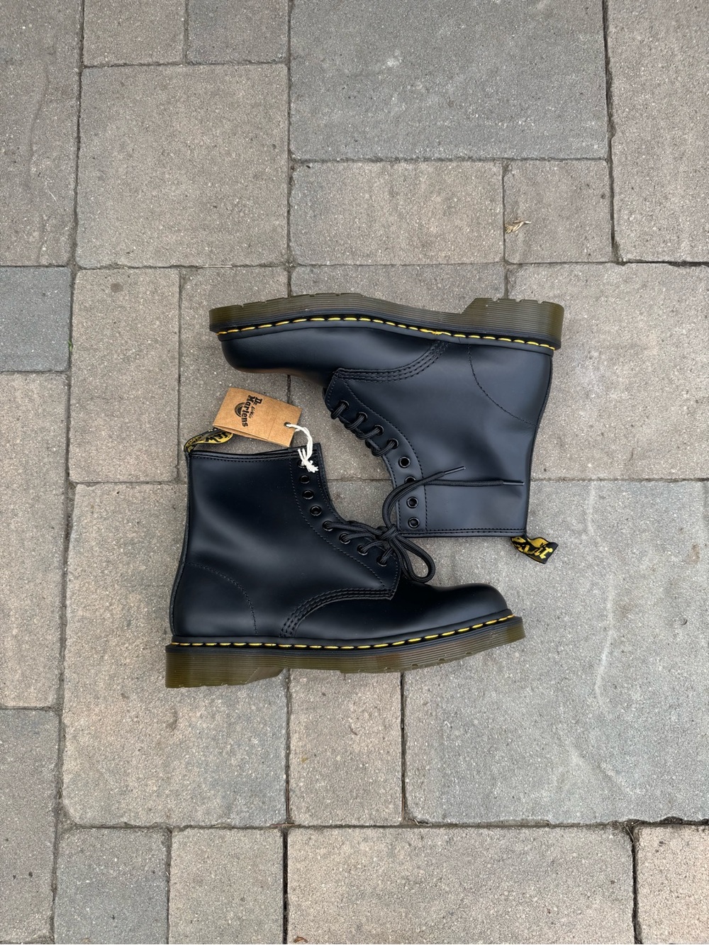 1460 Dr. Martens Black Leather Combat Boots with Yellow Stitching - Unbranded